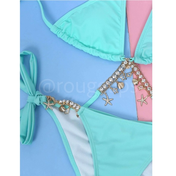 Rhinestone Embellished Bikini Swimsuit Mint Green - Picture 3 of 7